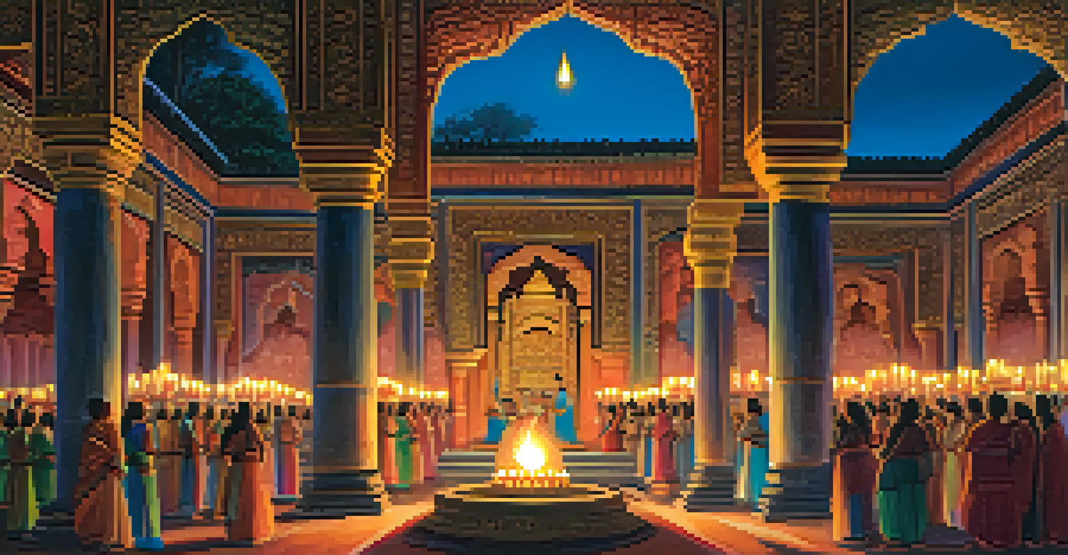 A candle-lit ceremony in a colorful temple, with individuals in traditional attire gathered together, surrounded by intricate carvings.