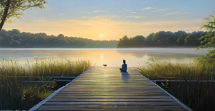 A person meditating on a wooden dock at a peaceful lake during sunrise, surrounded by greenery and mist.