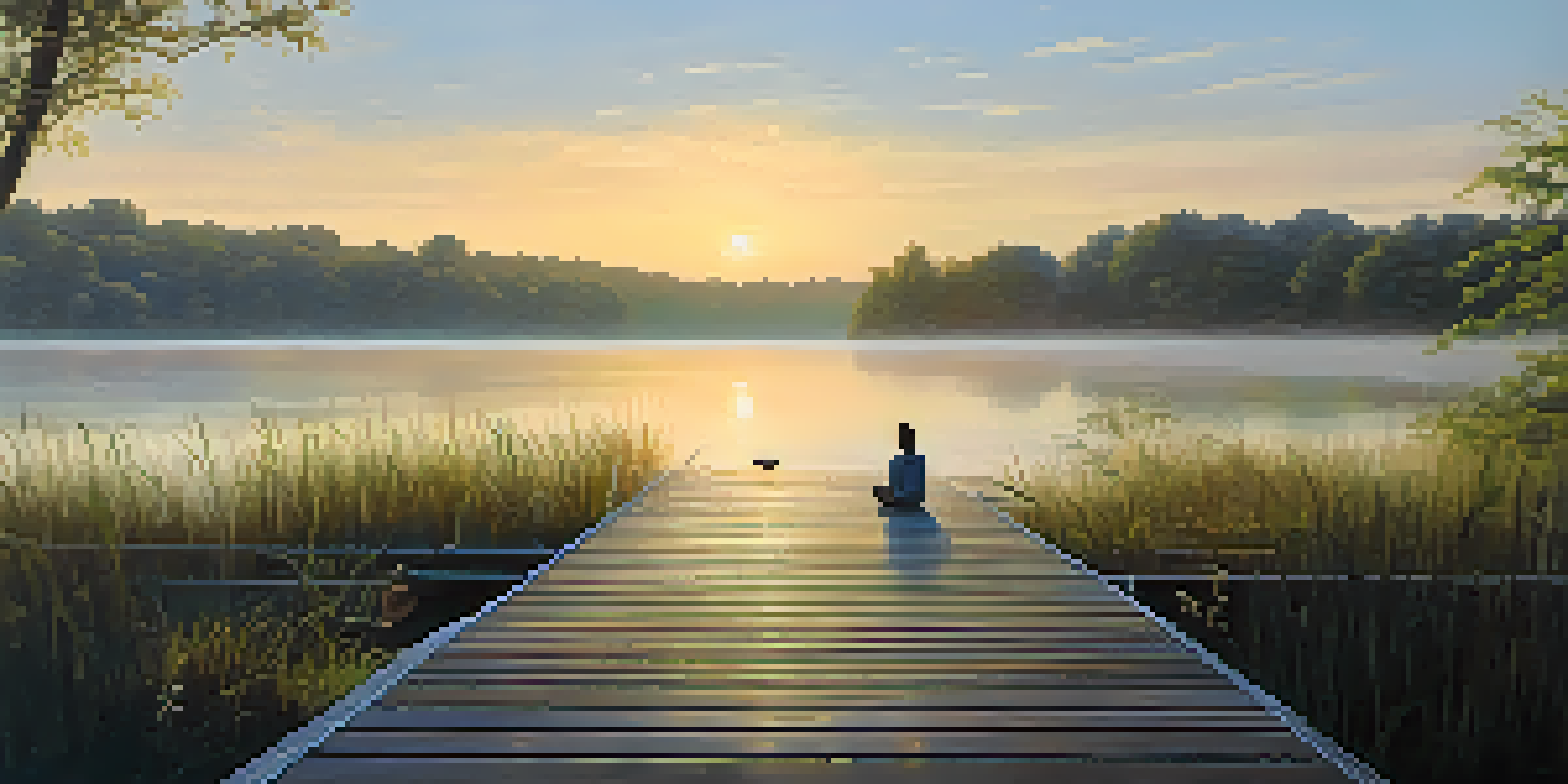 A person meditating on a wooden dock at a peaceful lake during sunrise, surrounded by greenery and mist.