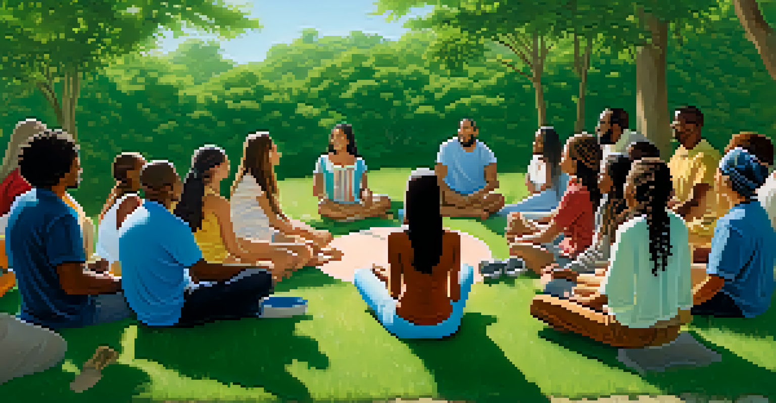 A diverse group of people sitting in a circle, singing together in a natural setting, with smiles and holding hands.