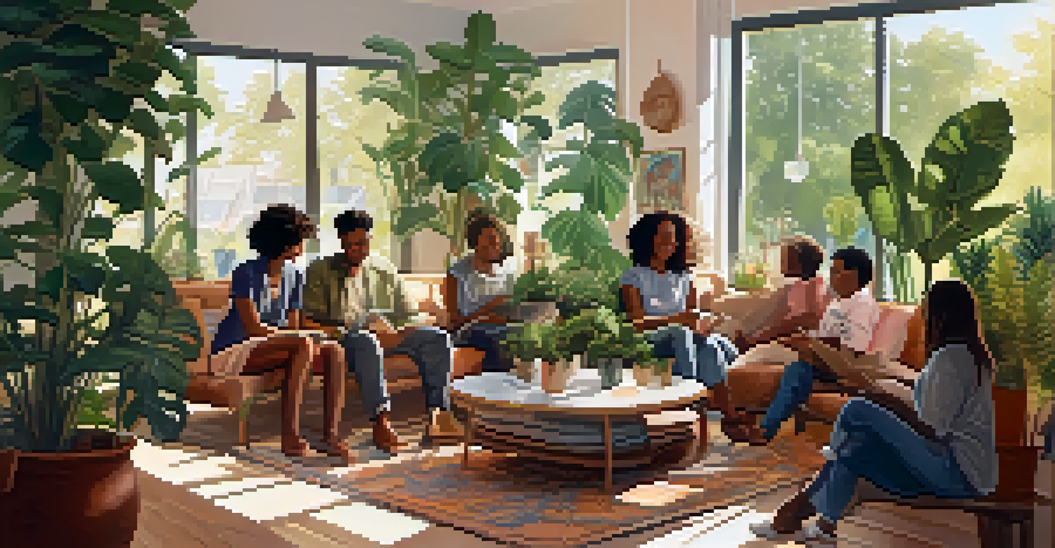A diverse group of people sitting together in a cozy room, engaged in conversation, surrounded by plants and soft cushions.