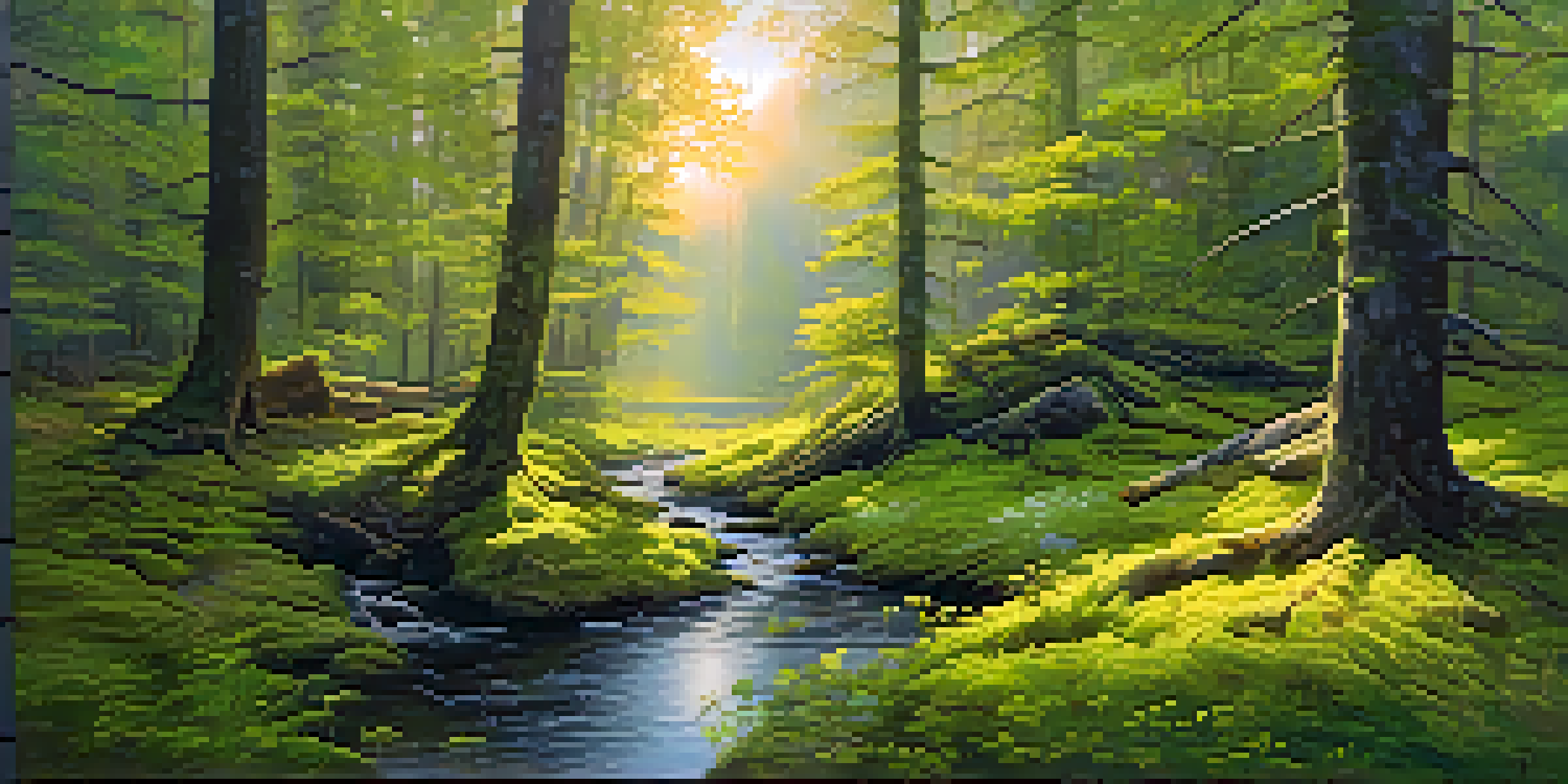 A peaceful forest bathed in soft golden light during sunrise, featuring tall trees, a mossy ground, a winding stream, and blooming wildflowers.