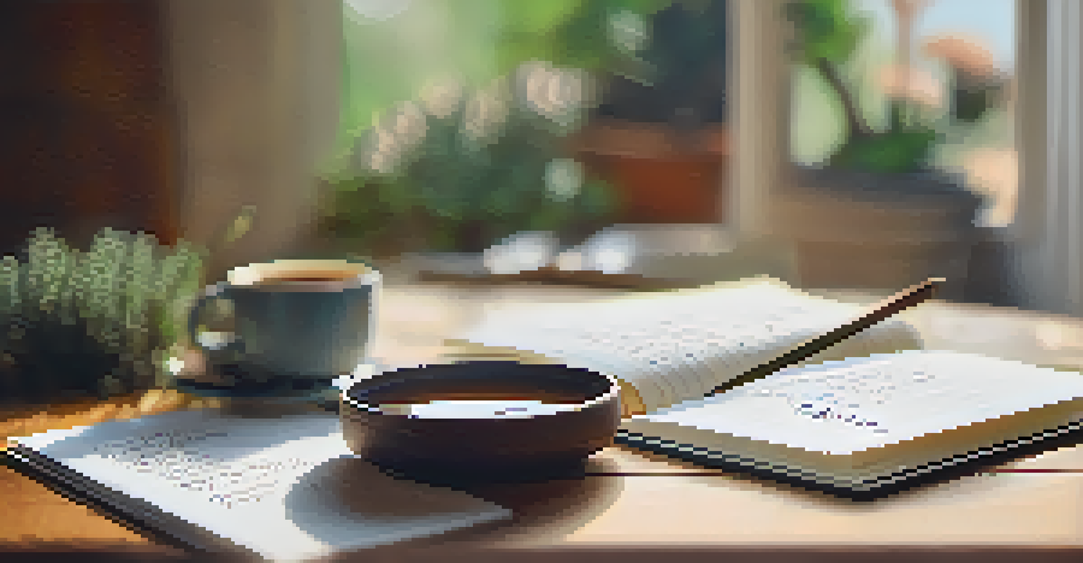 A close-up of a gratitude journal with handwritten affirmations, surrounded by a cup of tea and a plant in a natural light setting.