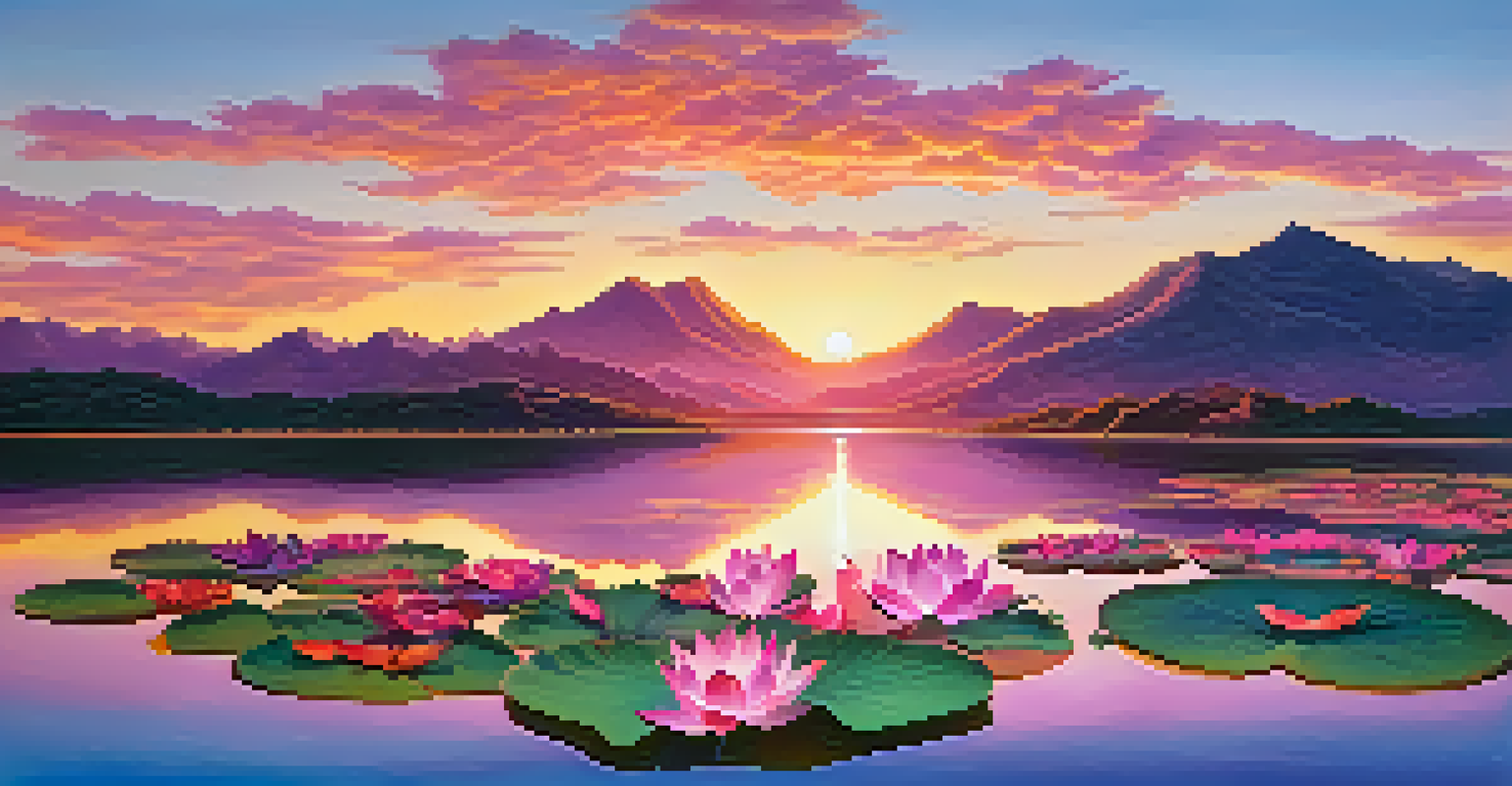 A peaceful lake scene at sunset with mountains and a lotus flower in the foreground.
