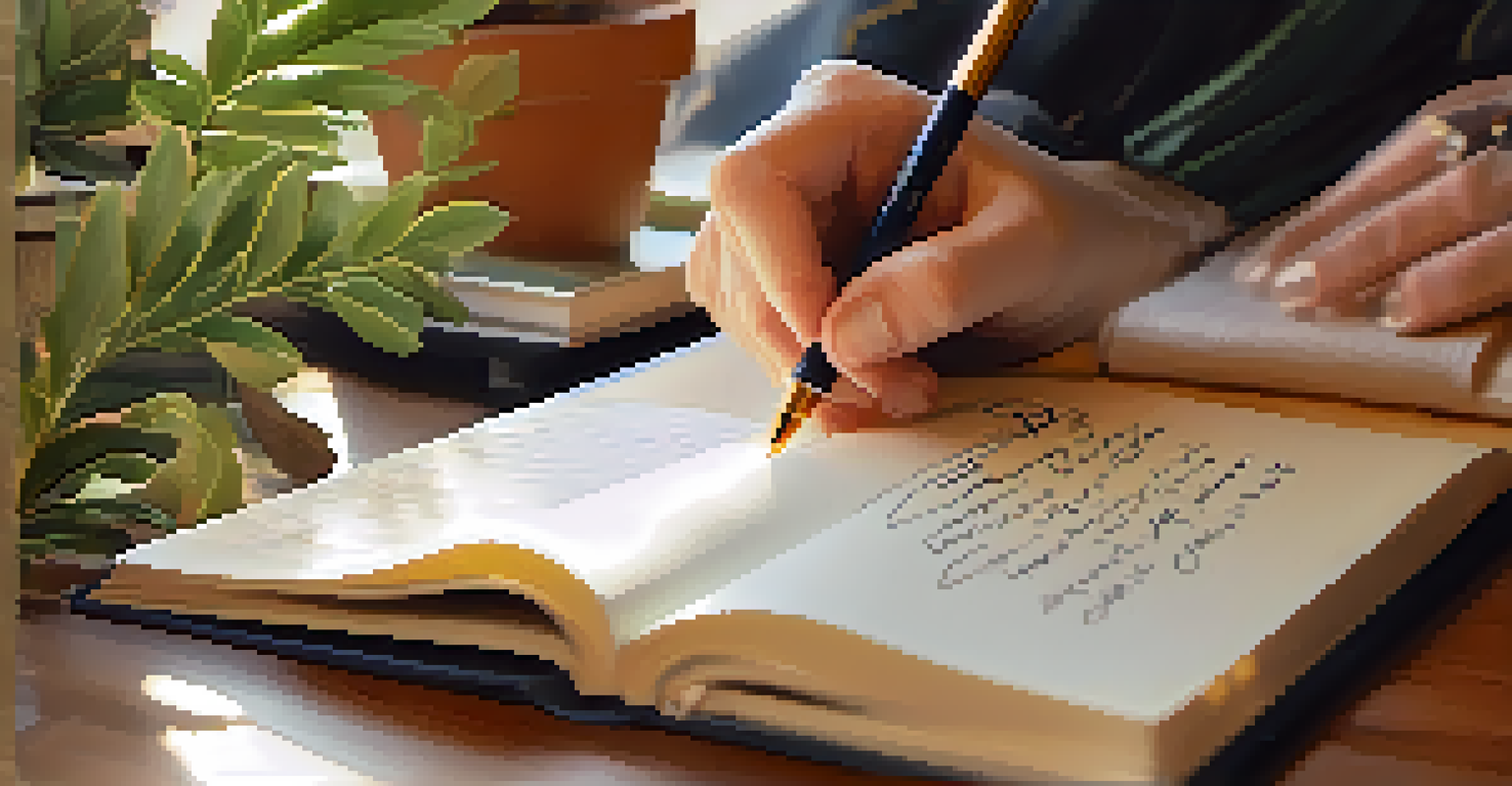 A person's hands writing in a journal with motivational quotes and a plant in the background.