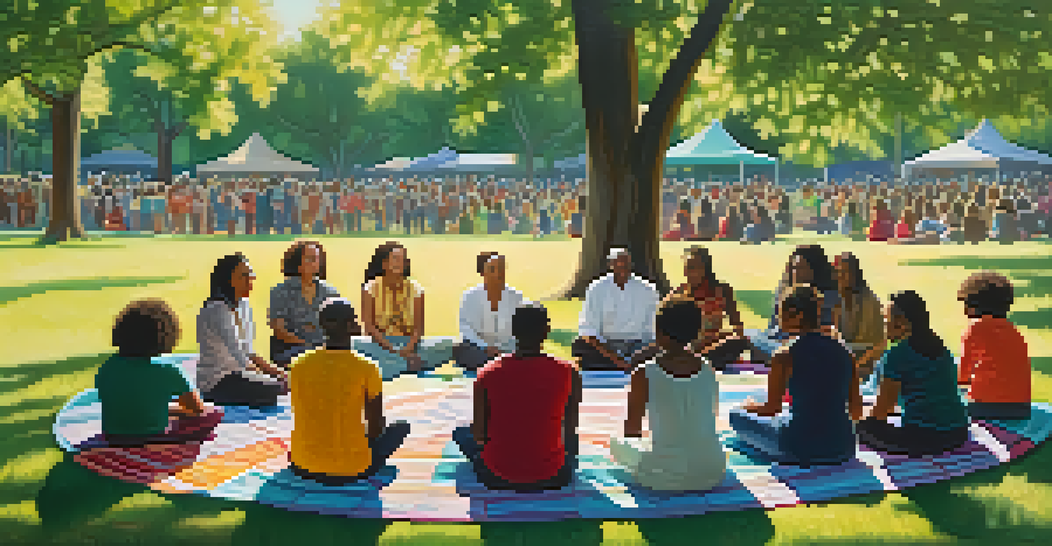A diverse group of people meditating together in a circle in a sunny park.
