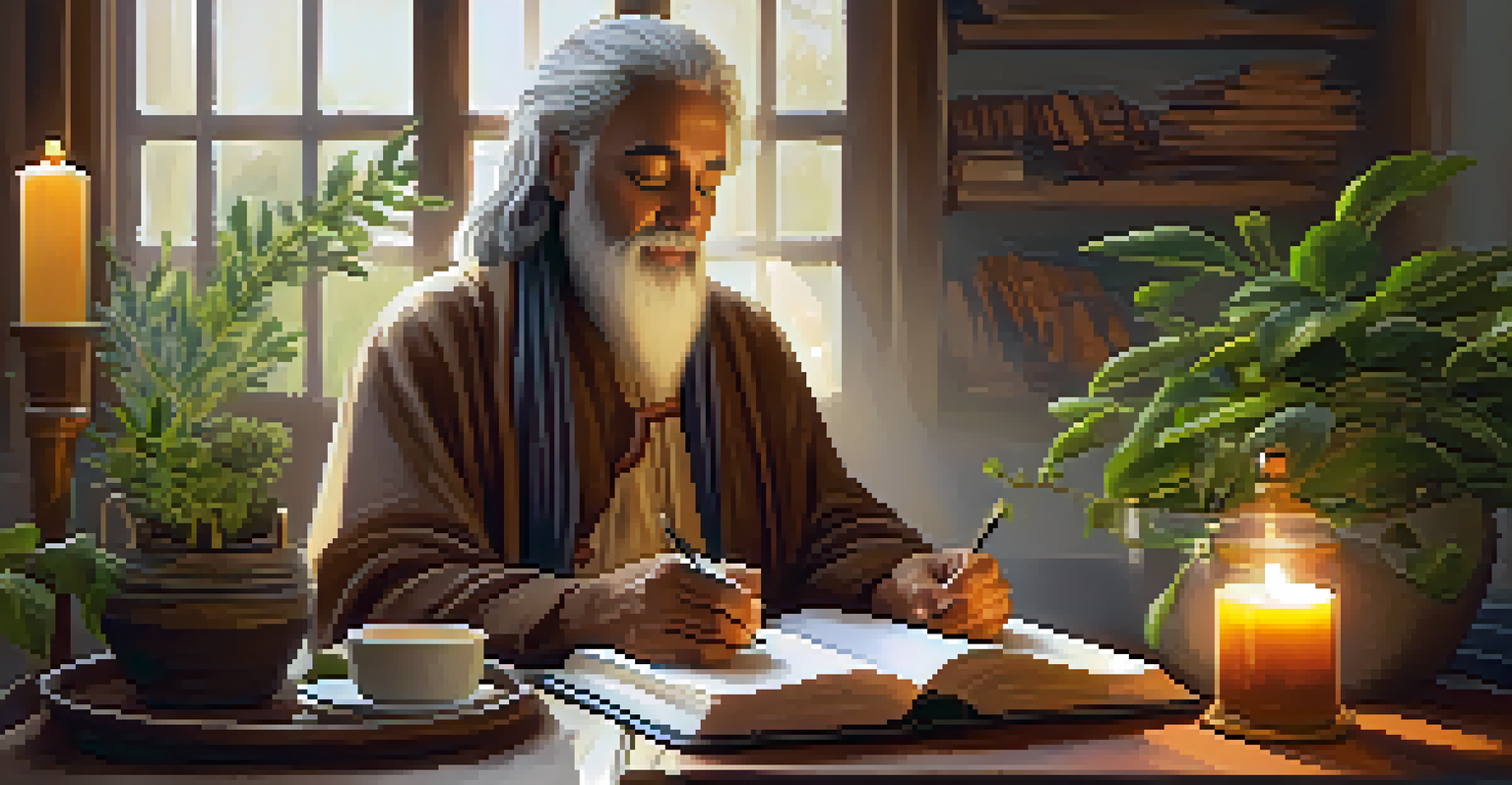 A spiritual leader journaling in a cozy indoor setting with candles and plants, sipping herbal tea.
