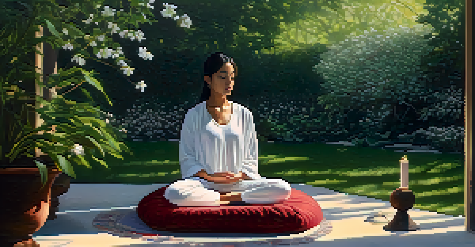 A person meditating in a tranquil garden with candles and flowers on a small altar, surrounded by greenery.