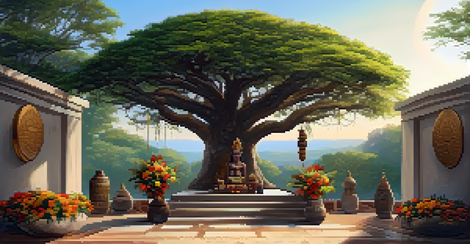 An outdoor altar with flowers and photographs of ancestors under a large tree, illuminated by warm sunlight.