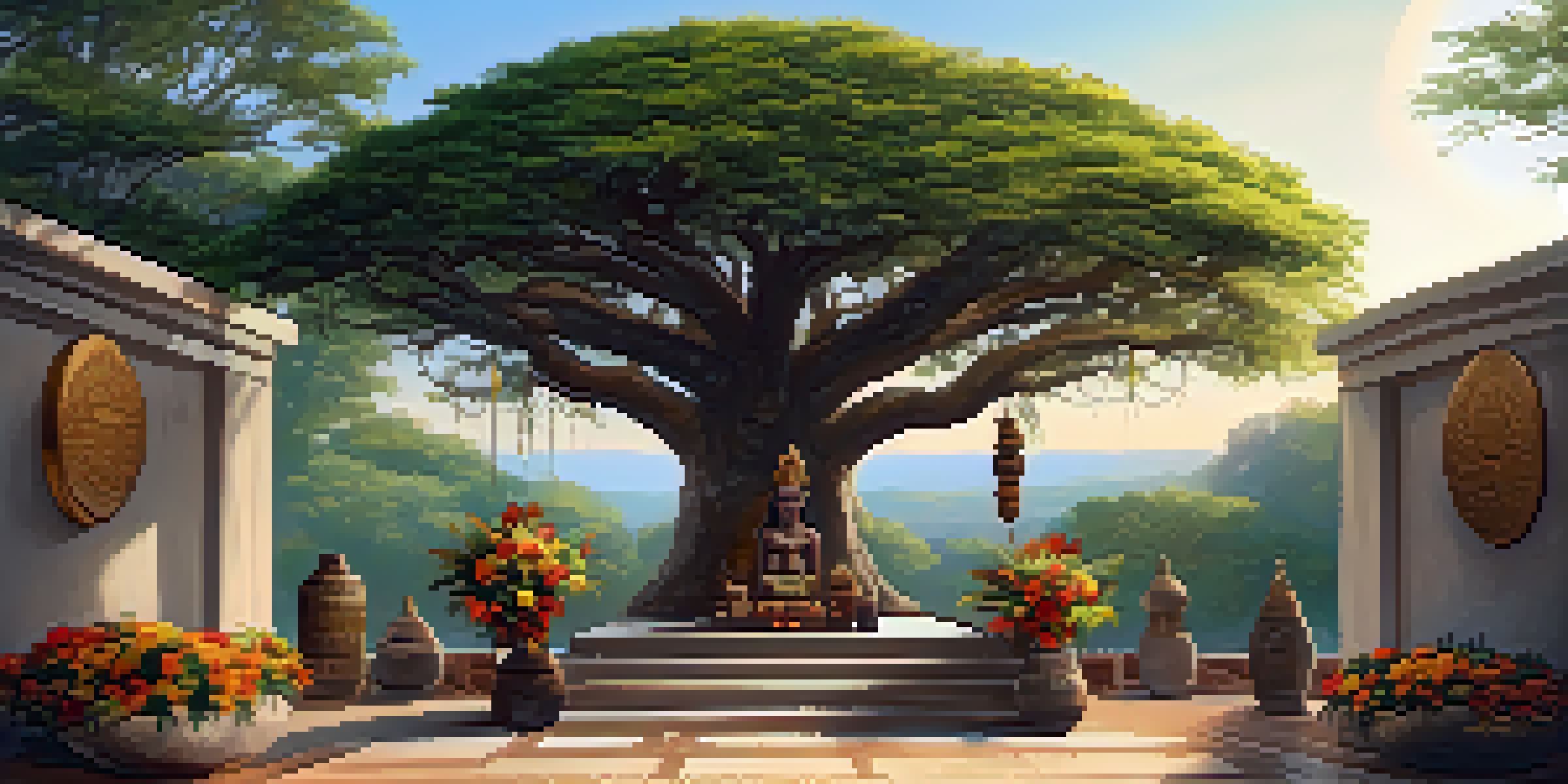 An outdoor altar with flowers and photographs of ancestors under a large tree, illuminated by warm sunlight.