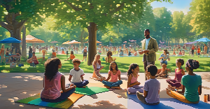 A diverse group of people enjoying playful activities like yoga, painting, and games in a sunny park surrounded by green trees and colorful flowers.