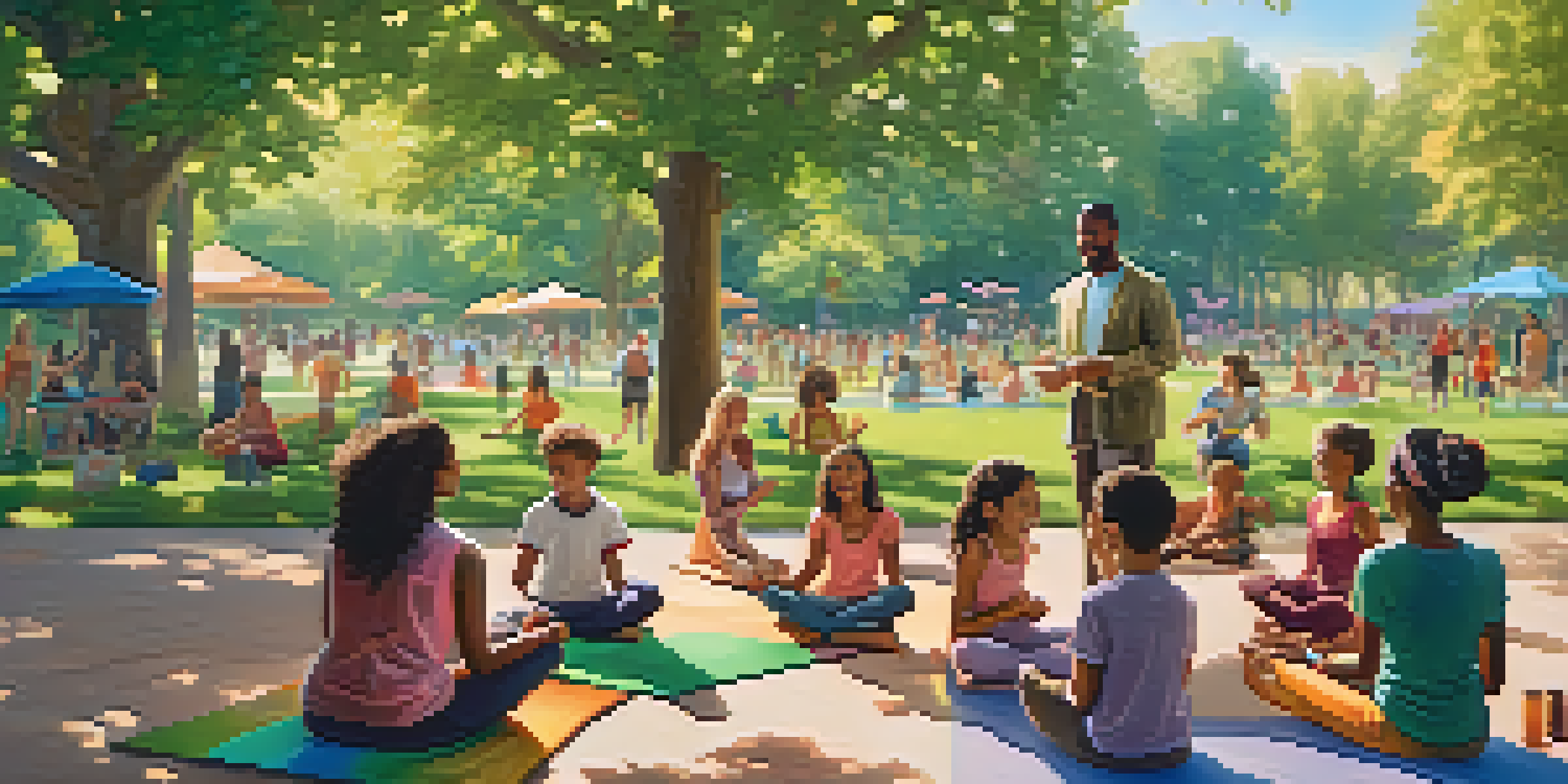 A diverse group of people enjoying playful activities like yoga, painting, and games in a sunny park surrounded by green trees and colorful flowers.