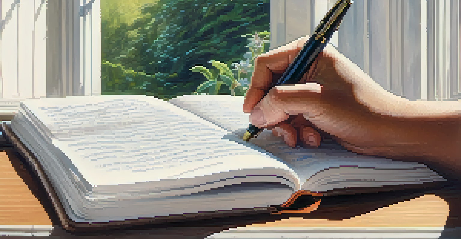 A close-up of a hand holding a journal with a fountain pen, sunlight illuminating sketches and notes in the background of nature.
