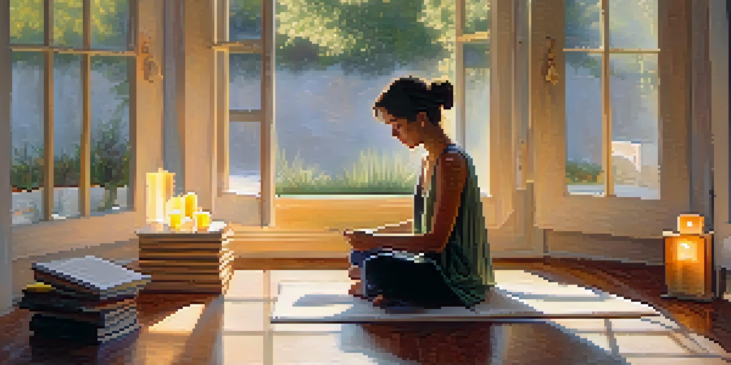 A person meditating in a peaceful morning setting, with candles and an open journal, bathed in warm sunlight.