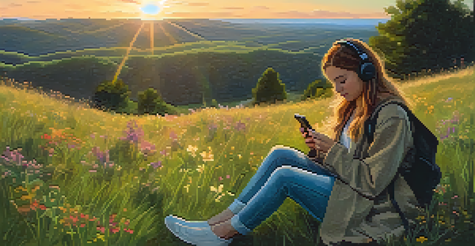 A person meditating on a grassy hill at sunset, listening to a podcast on their smartphone.