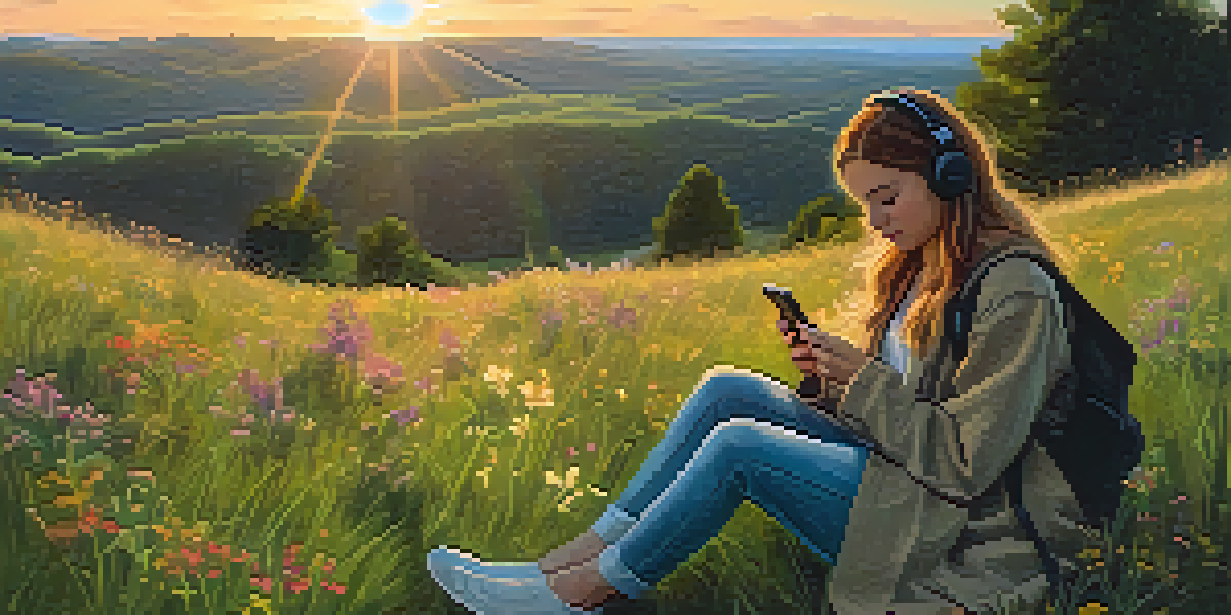 A person meditating on a grassy hill at sunset, listening to a podcast on their smartphone.