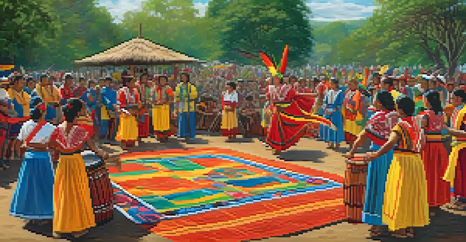 A lively Indigenous seasonal ceremony with participants in traditional attire dancing, surrounded by colorful decorations and a natural setting, celebrating nature.