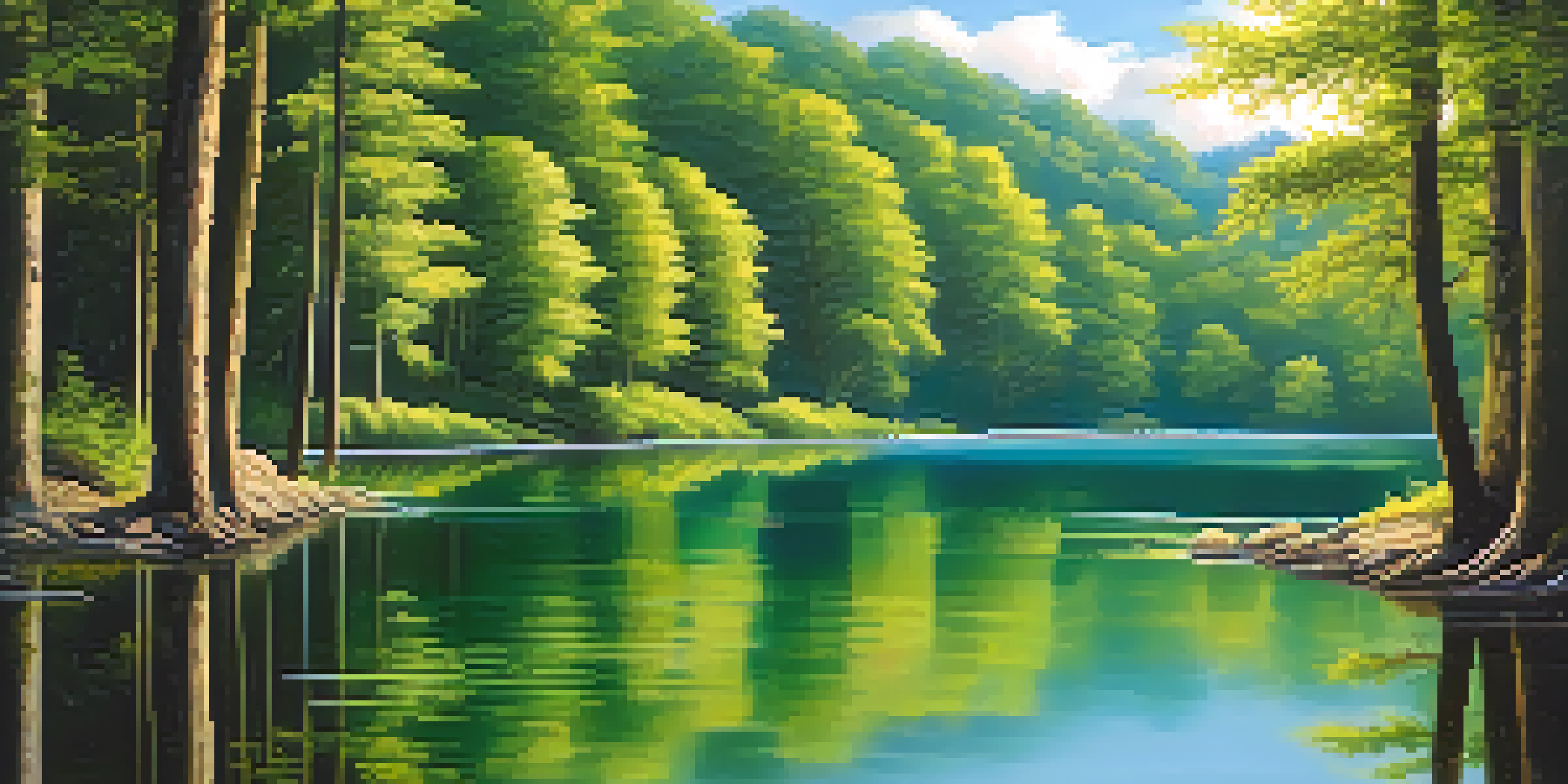 A peaceful scene with a blue lake surrounded by green forests and a clear sky, reflecting sunlight.