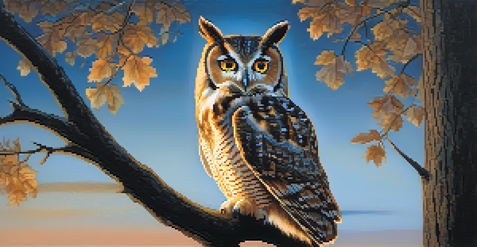 A wise owl perched on a tree branch at twilight, illuminated by moonlight, symbolizing insight and knowledge.