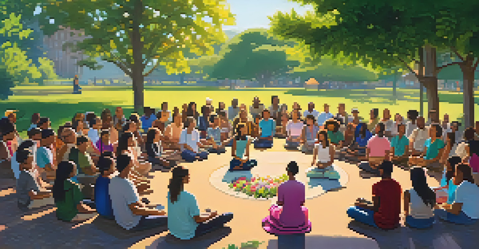 A diverse group of people meditating together in a sunny park surrounded by greenery.