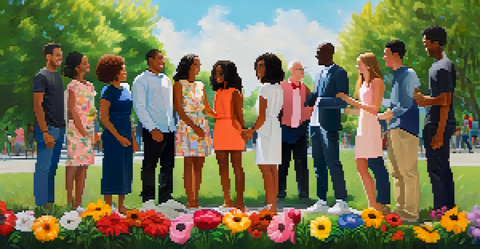 A diverse group of people holding hands in a circle, symbolizing unity and understanding in a sunny park.