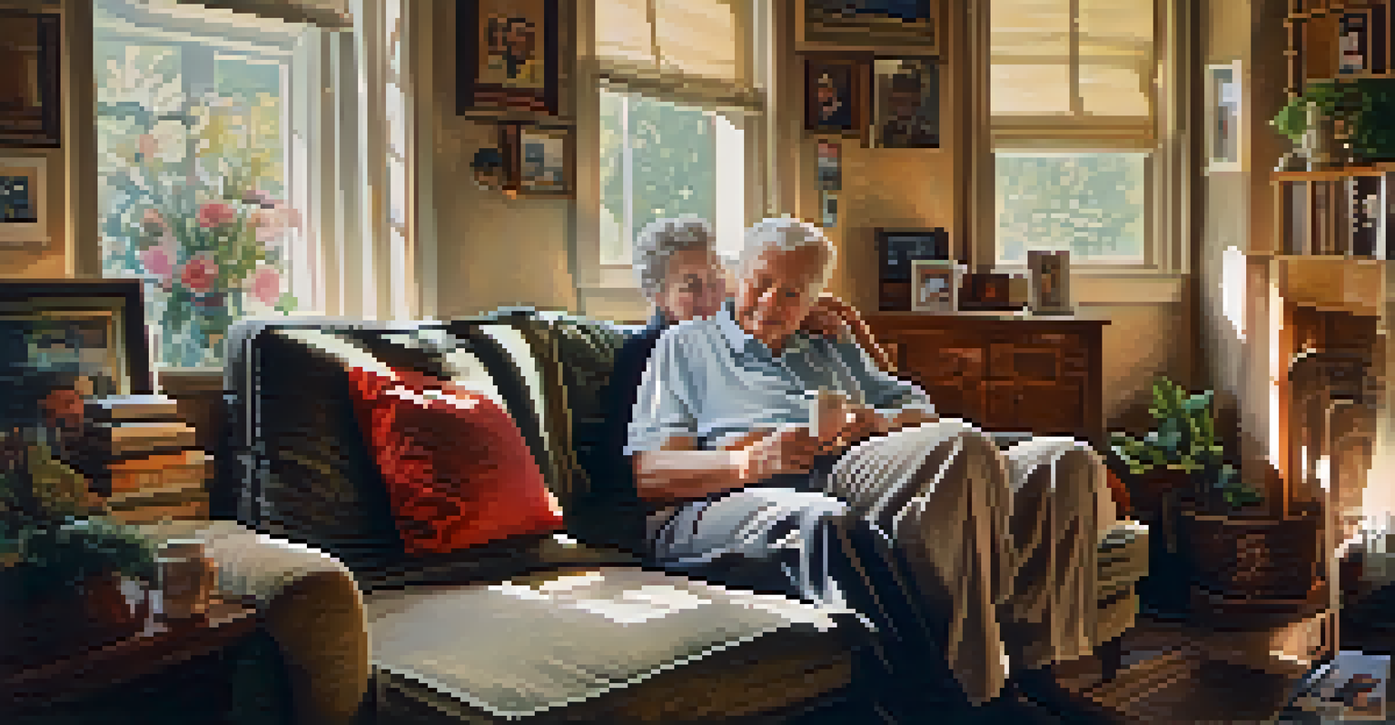 An elderly couple sitting on a sofa, having a heartfelt conversation, with soft light and family photos around them.