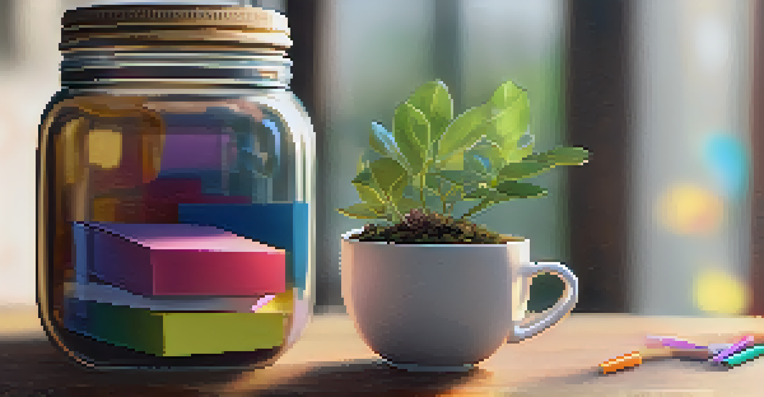 An inviting gratitude jar filled with colorful notes on a wooden table, with a plant and a cup of tea beside it.