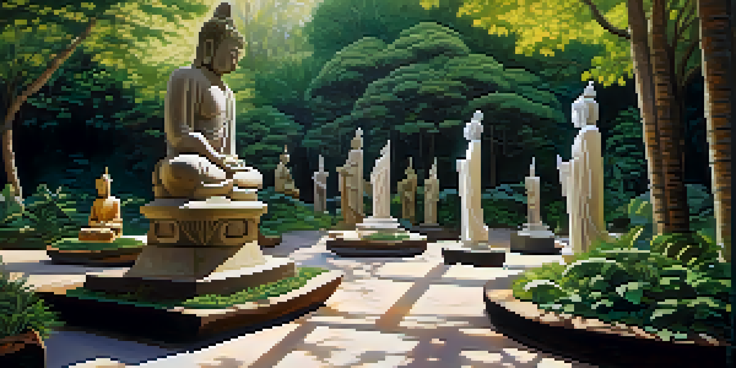An outdoor sculpture garden featuring diverse spiritual sculptures made from stone and wood, illuminated by sunlight filtering through trees.