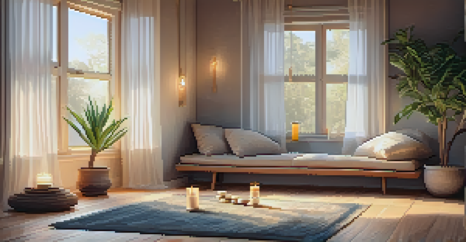 A cozy meditation corner with cushions, candles, and plants, illuminated by soft natural light.