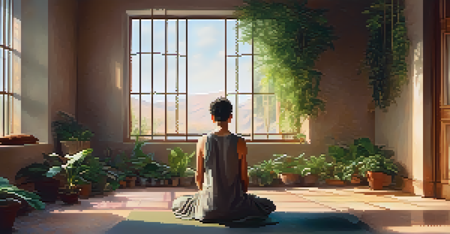 A person meditating in a sunlit room filled with plants, surrounded by warm colors, symbolizing a connection with ancestors.