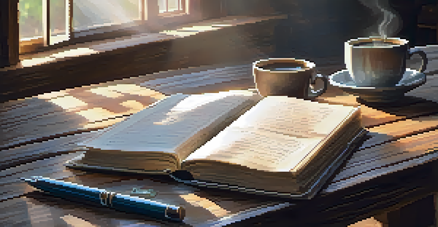 A journal on a wooden table with handwritten notes, accompanied by a cup of coffee.
