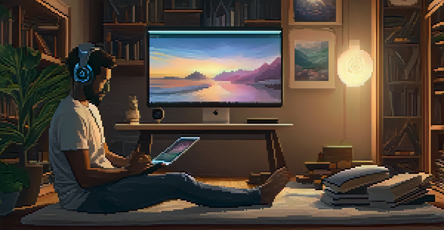 A cozy room with a person participating in an online meditation session, surrounded by books on spirituality and soft lighting.