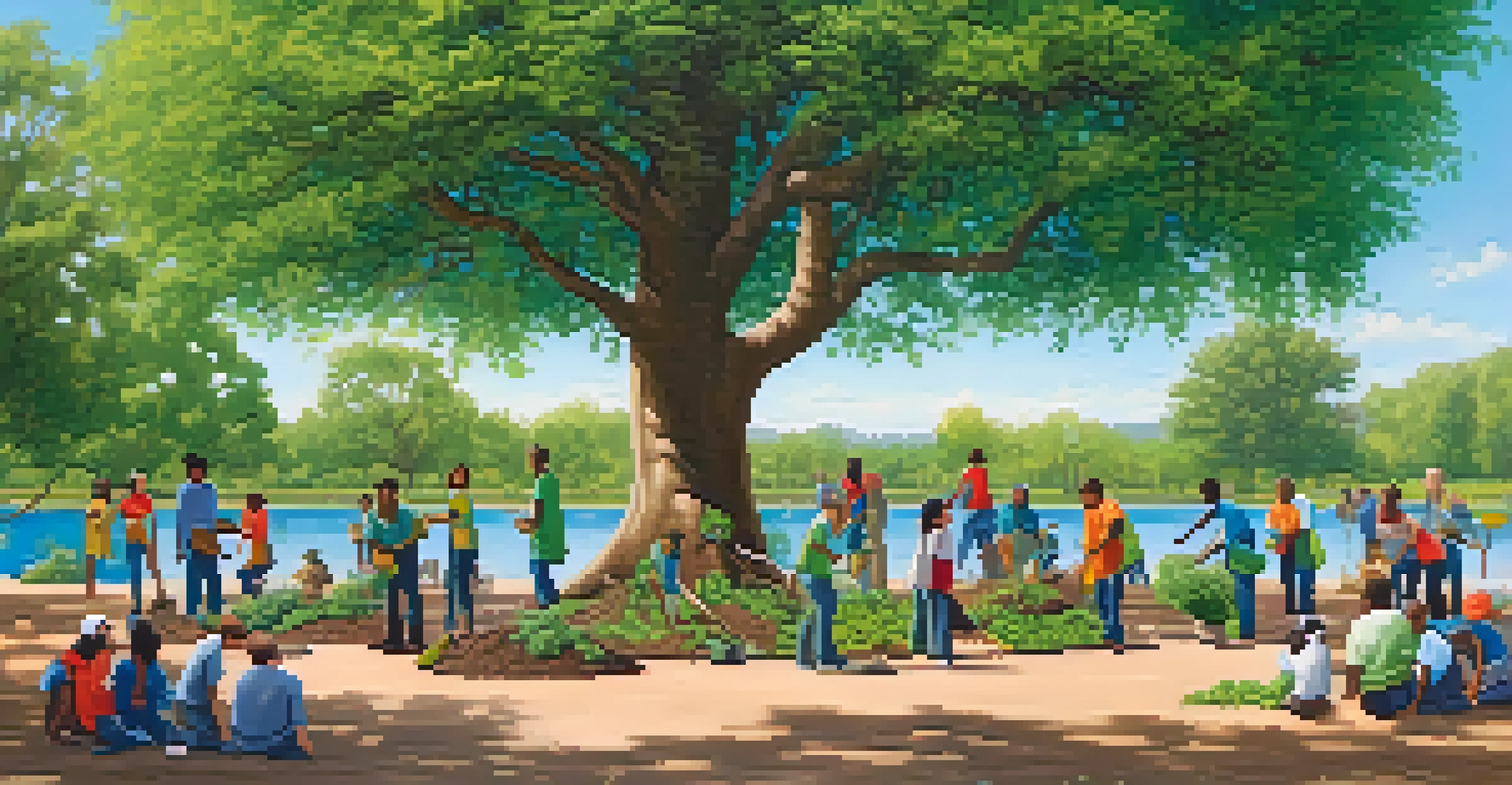 A group of diverse individuals planting trees together in a park, showcasing teamwork and unity.