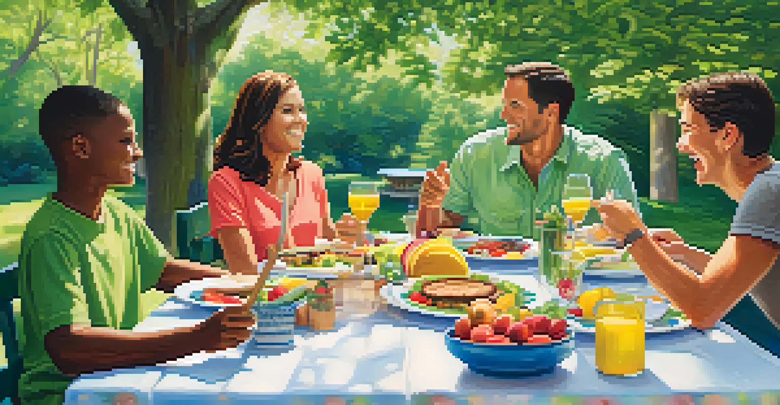 A family gathering around a picnic table, sharing gratitude in a vibrant outdoor setting.