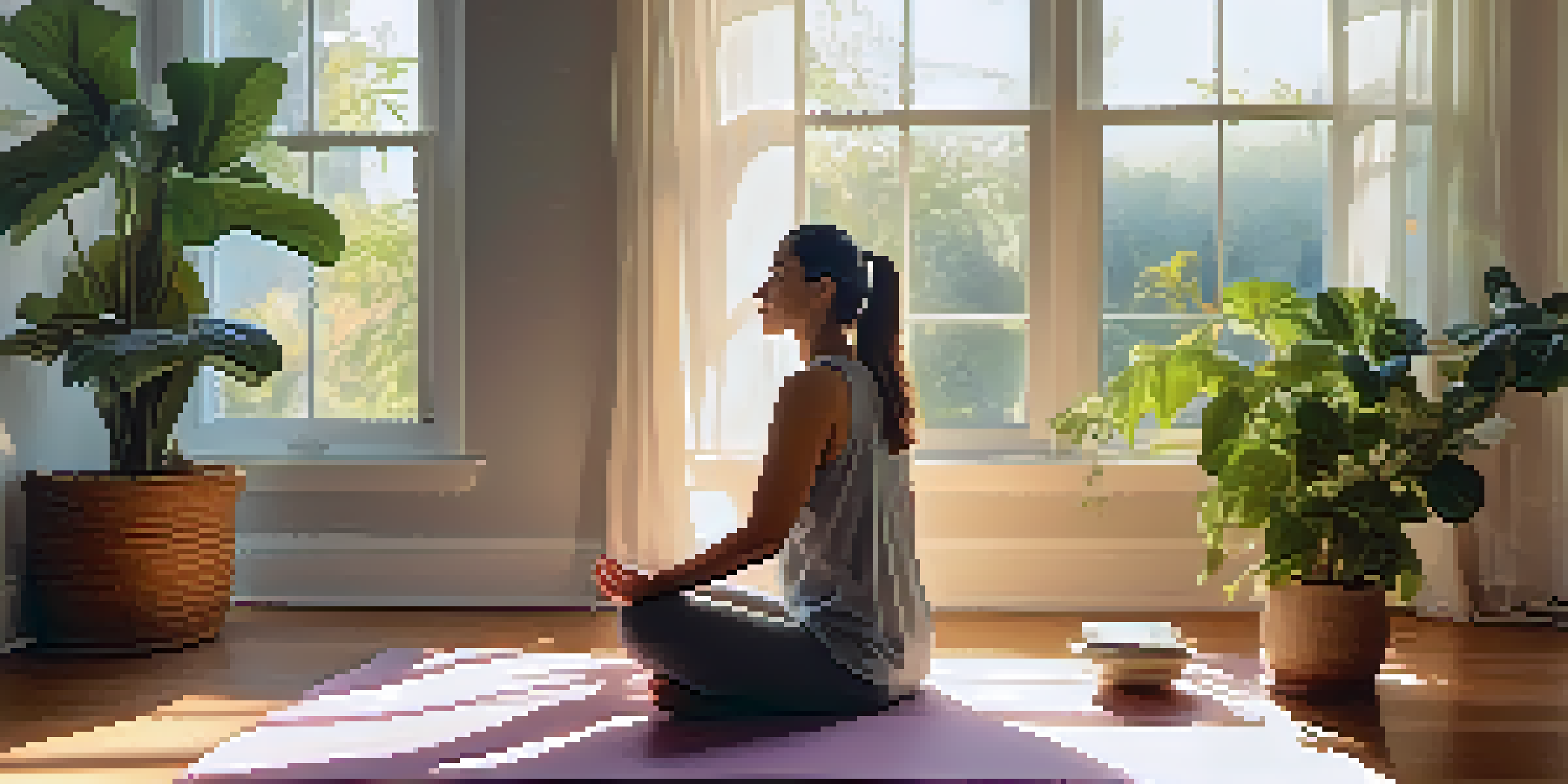 A person meditating on a yoga mat in a bright room filled with plants and soft sunlight.