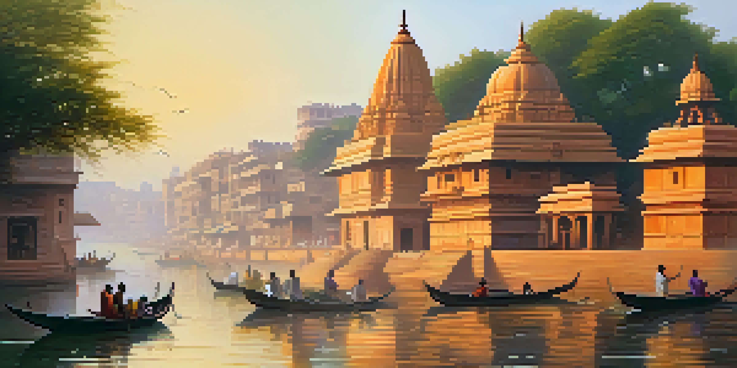 A tranquil scene of the Ganges River at sunrise, with ancient temples and individuals meditating along the riverbank.