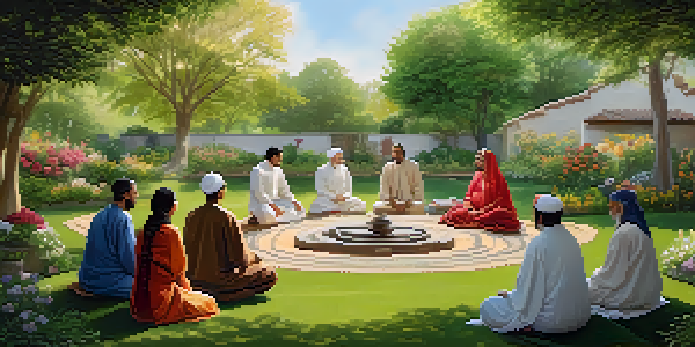 A diverse group of people from different faiths engaged in a friendly discussion in a beautiful garden, surrounded by flowers and trees.