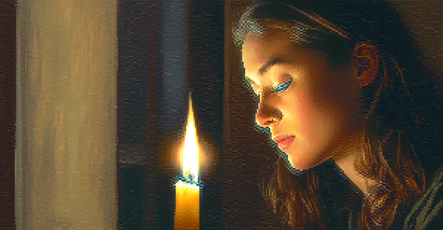 A close-up of a person holding a lit candle, reflecting contemplation and hope in a dim room.