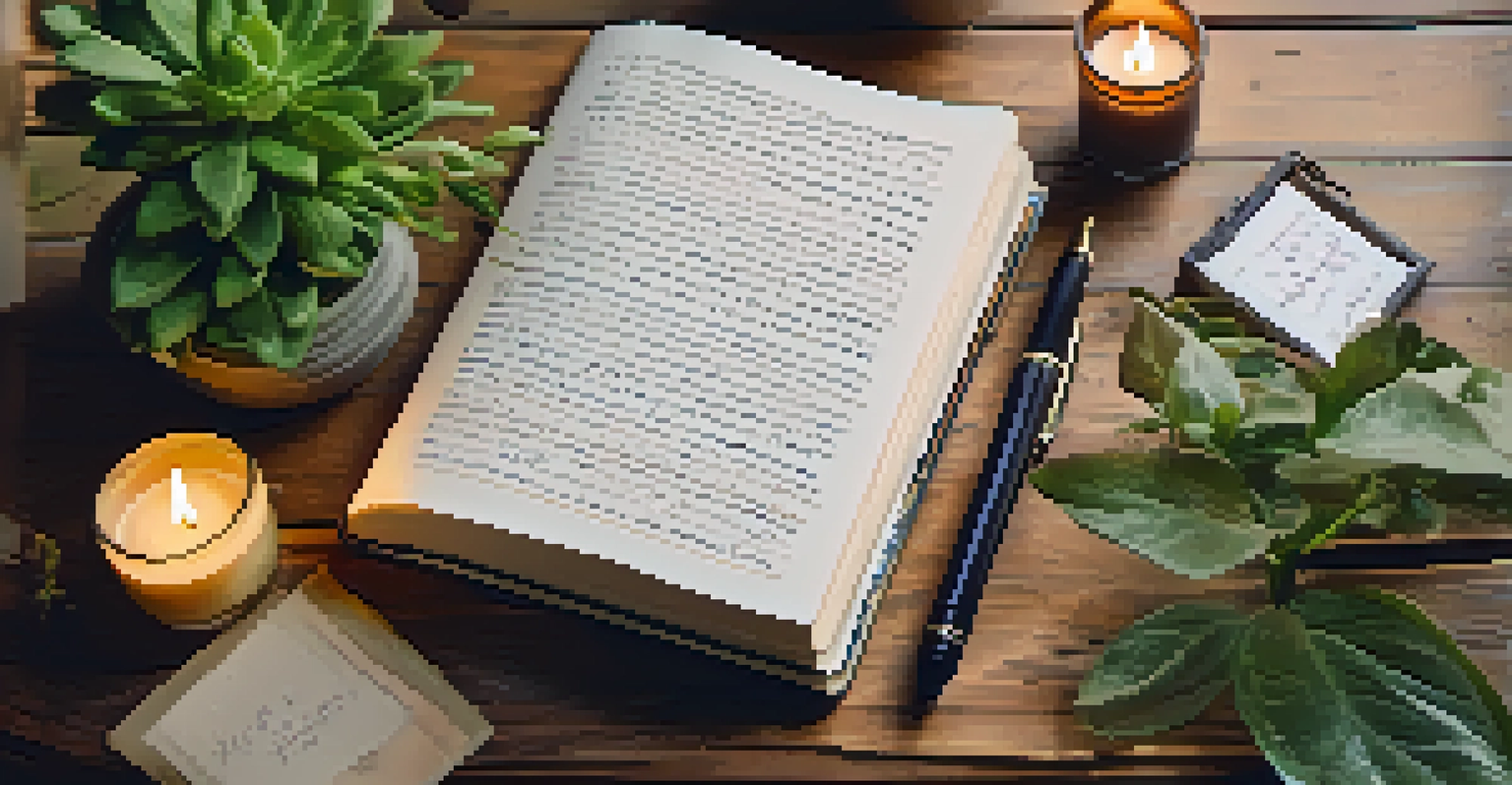An open journal on a wooden table surrounded by plants, showcasing handwritten reflections.