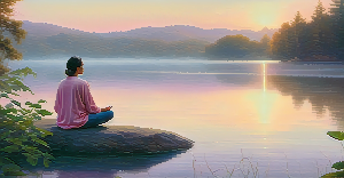 A person meditating on a rock by a calm lake at sunrise, surrounded by greenery and mist.