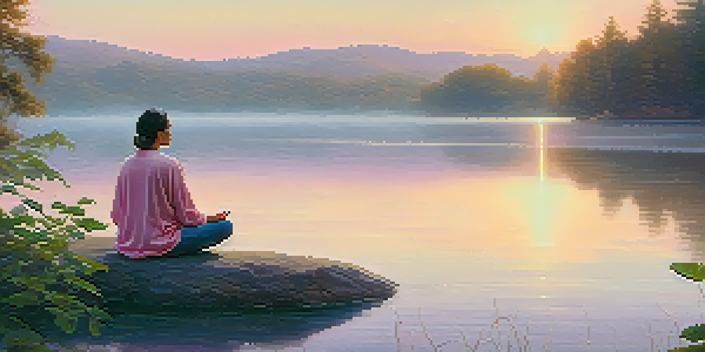 A person meditating on a rock by a calm lake at sunrise, surrounded by greenery and mist.