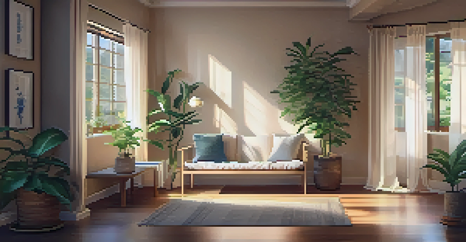 An individual meditating in a softly lit indoor space with natural light and a plant.