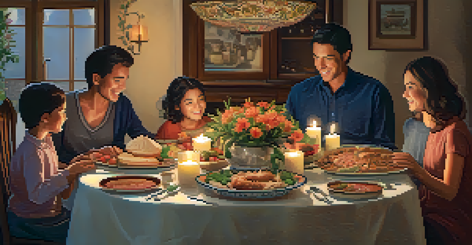 A family gathered around a dining table with candles and traditional dishes, celebrating together.