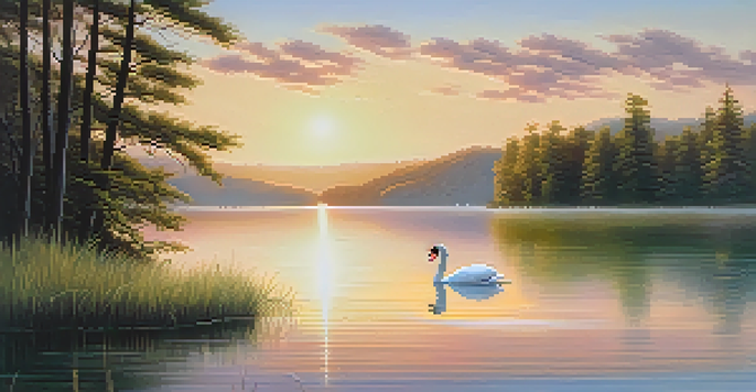 A calm sunrise over a peaceful lake with green trees and mountains in the background. A swan is swimming on the lake.
