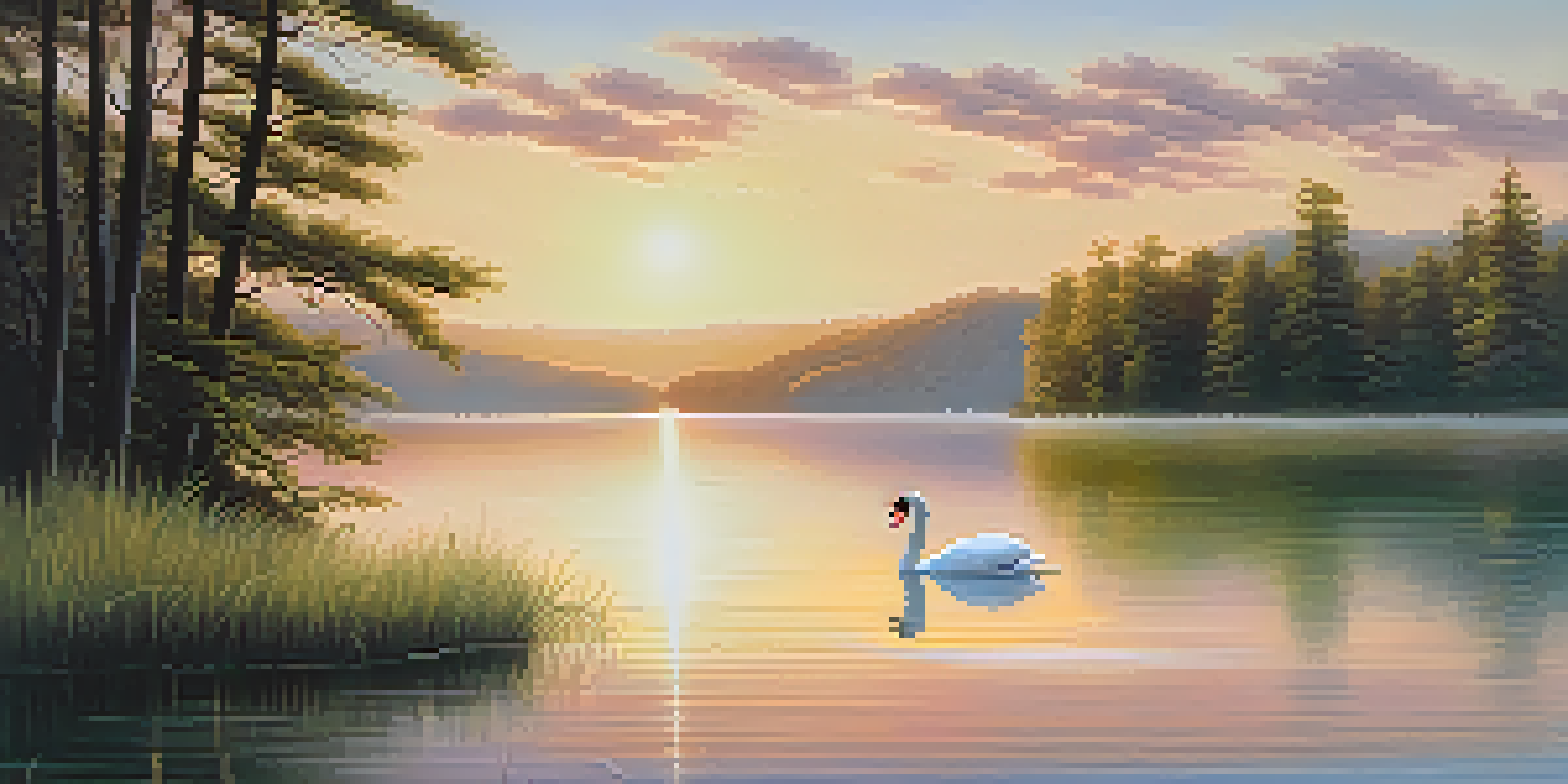 A calm sunrise over a peaceful lake with green trees and mountains in the background. A swan is swimming on the lake.