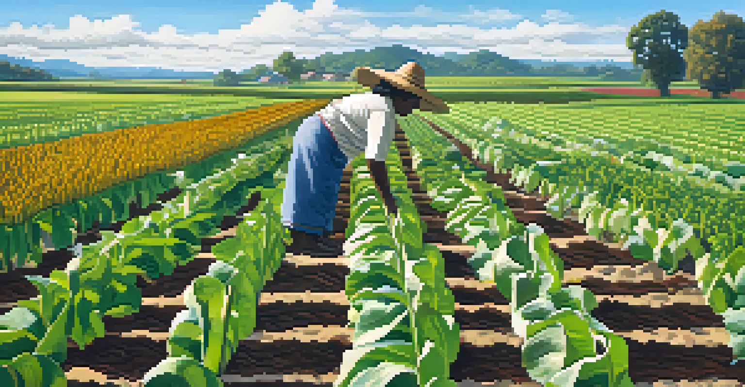 A close-up of Indigenous crops in a companion planting layout, with a traditional farmer tending to the land under a bright blue sky.