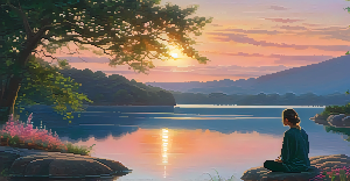 A person meditating by a tranquil lake at sunrise, surrounded by greenery and wildflowers, with the sky reflecting orange and pink hues.