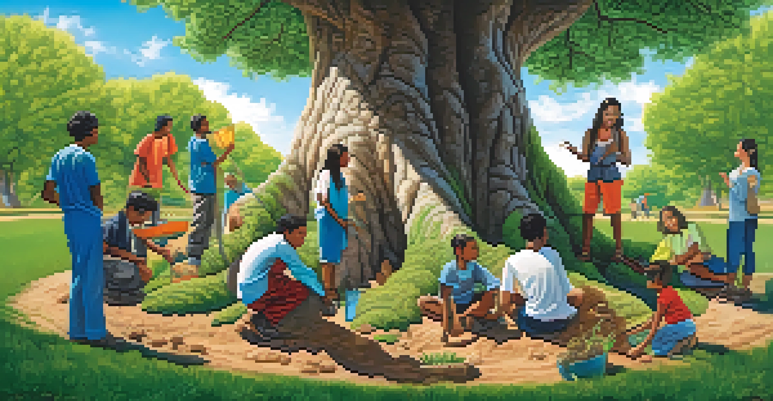 A diverse group of individuals around a large tree, participating in various environmental care activities.