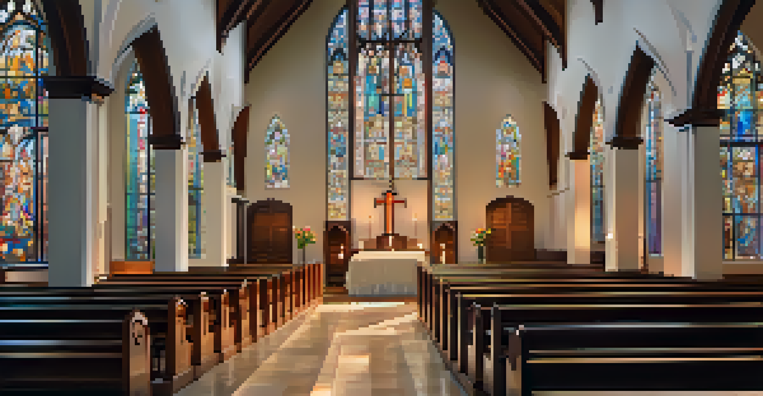 An interior view of a church with stained glass windows and an altar.