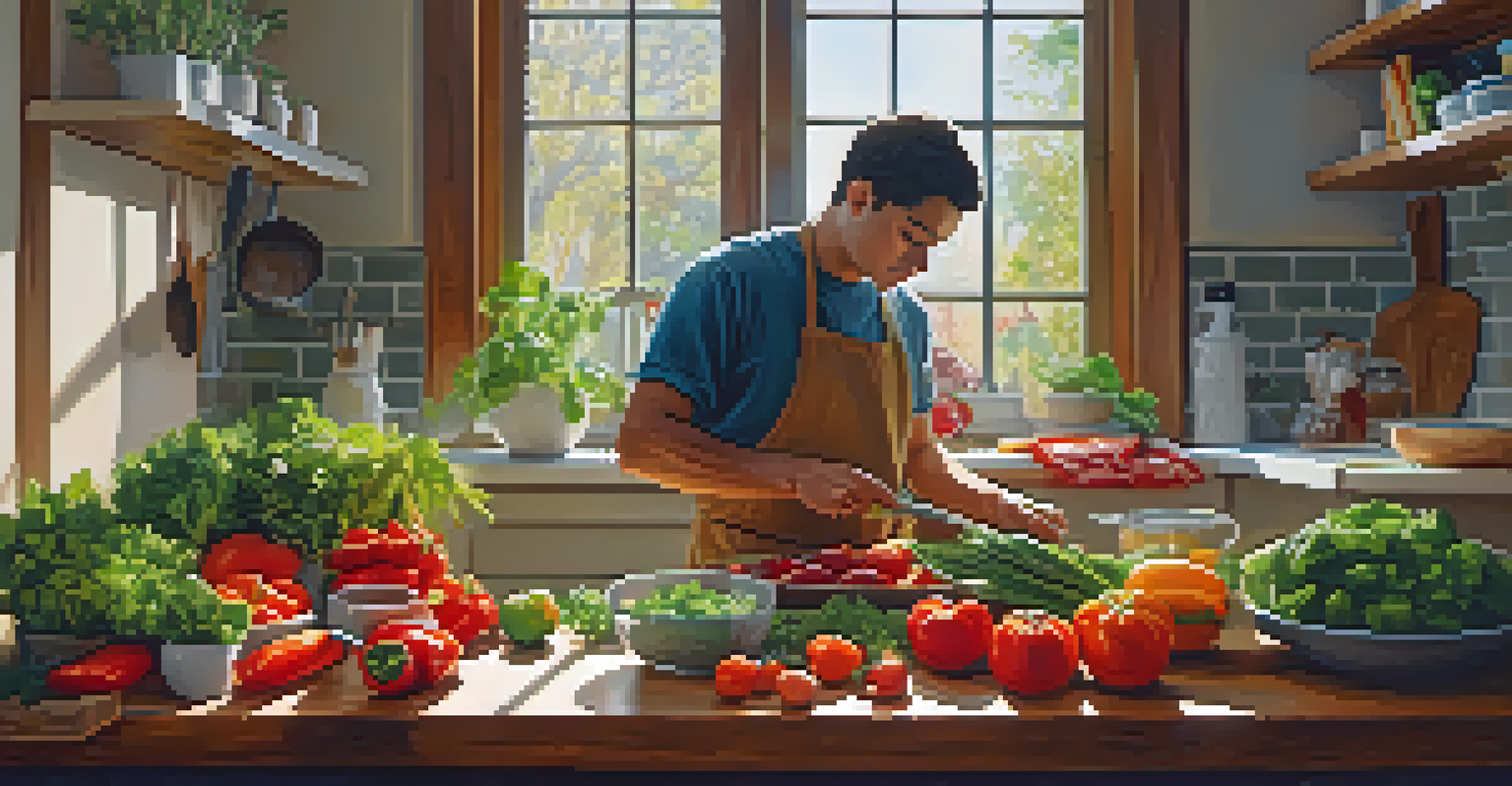 A person mindfully preparing a meal in a bright kitchen, with colorful vegetables on a cutting board.